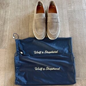 Men's Wolf & Shepherd Crossover Suede Penny Loafers in Taupe